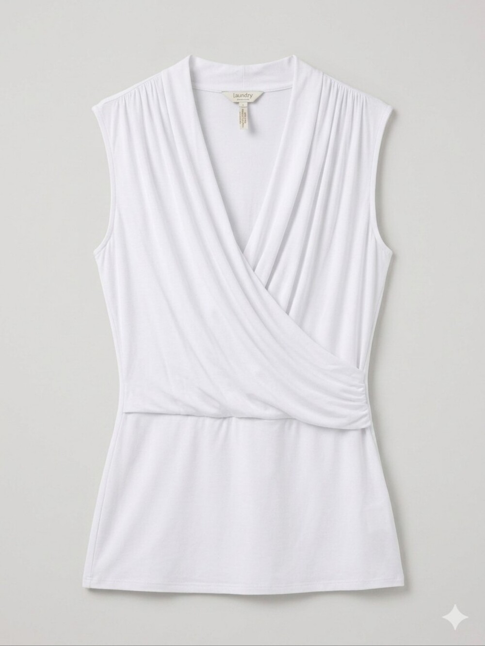 NWT Laundry by Shelli Segal White Sleeveless Faux Wrap Draped Top Sz S